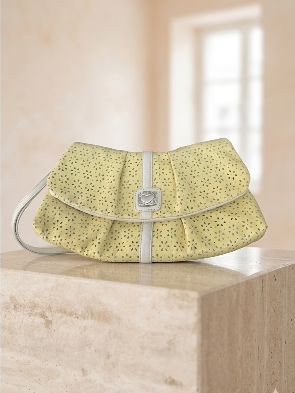 Brighton Patent Leather Minaudière Yellow Laser-Cut Clutch Handbag White Trim - Picture 1 of 8